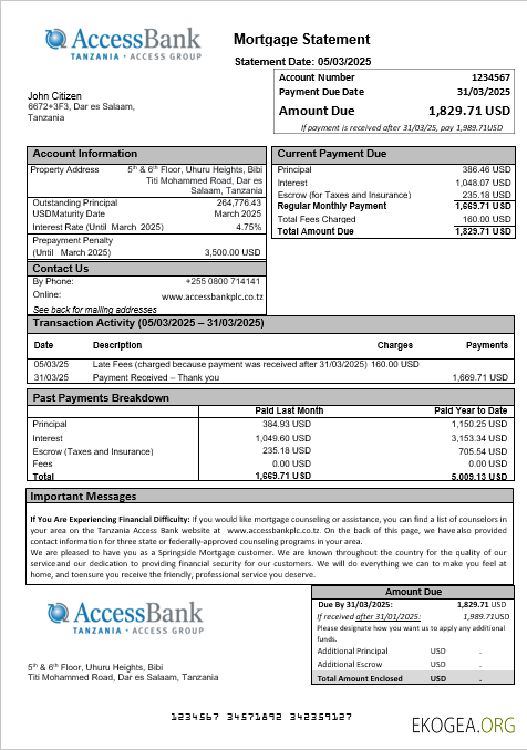 Relevé hypothécaire de la Tanzanie Access Bank aux formats Word et PDF